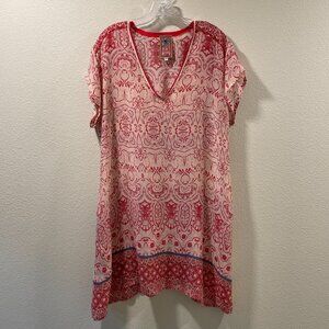 JOHNNY WAS "Dasha" V-Neck Shift Mini Short Sleeve Woven Paisley, Ivory/Red L